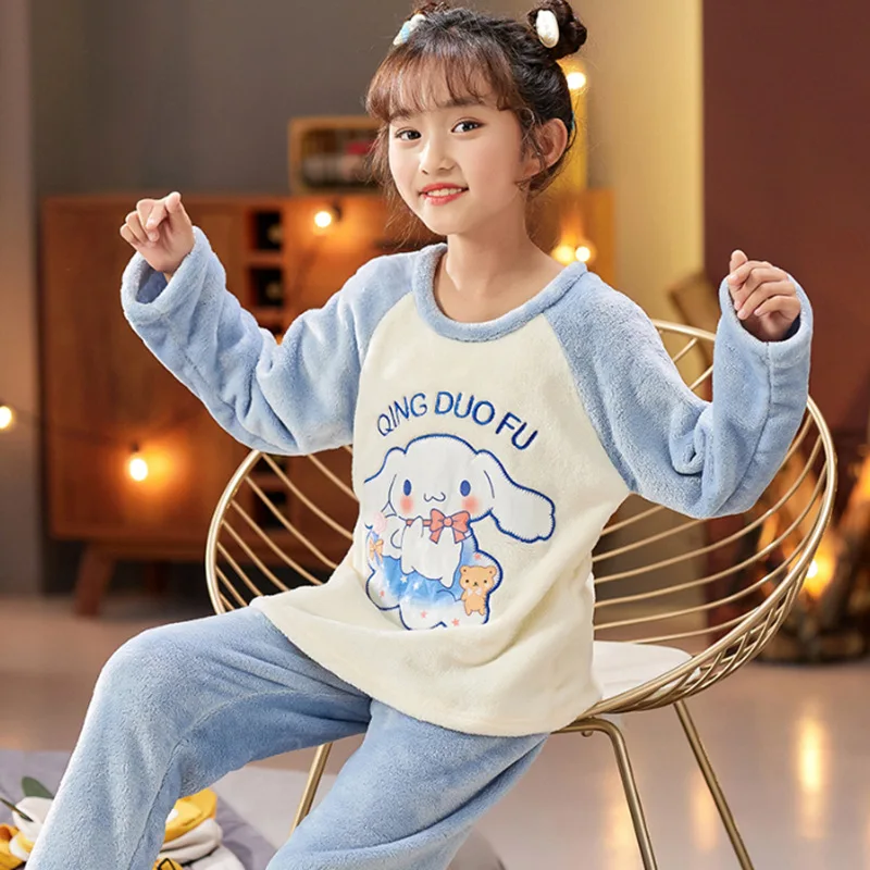 

Утепленная Детская Пижама Sanrioed, зимняя пижама в стиле Cinnamoroll для детей, фланелевая флисовая одежда для сна с котом Kuromi kt, детская одежда