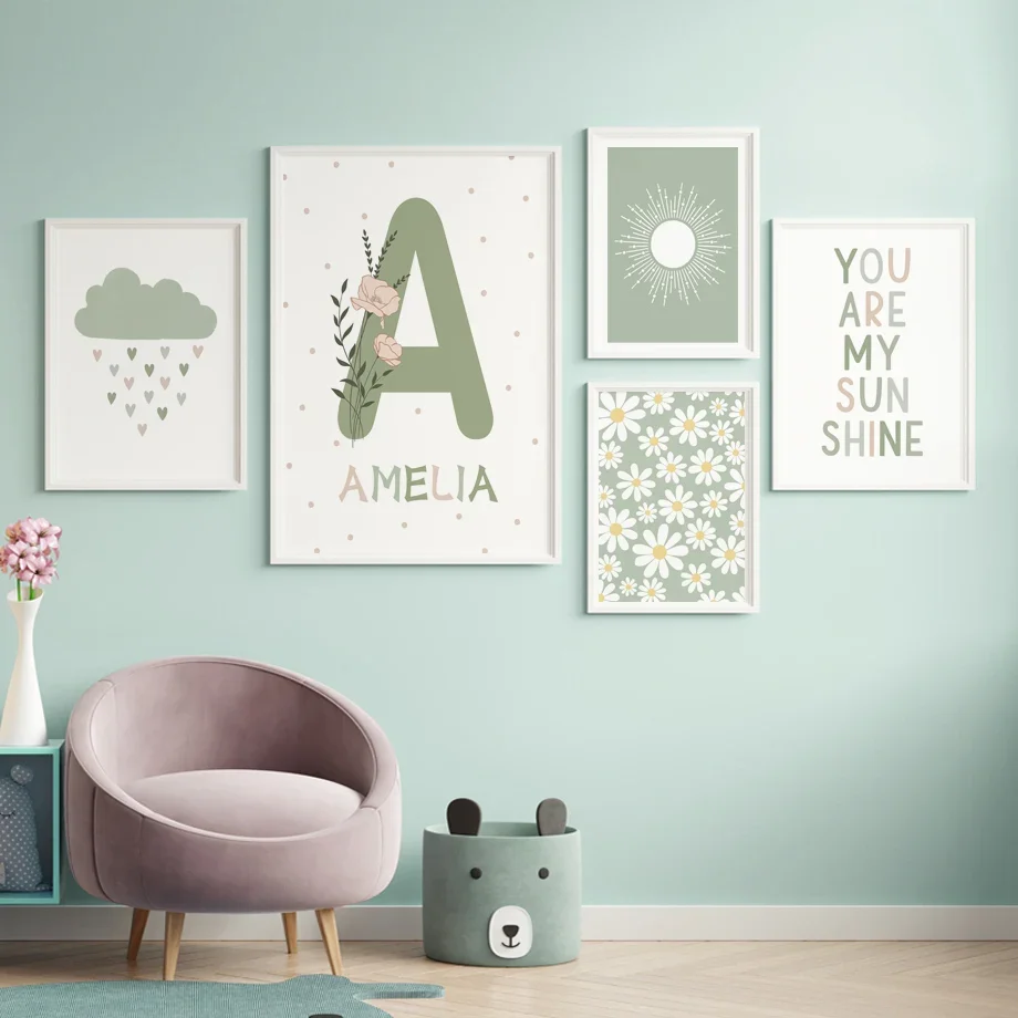 Радужная Бабочка Солнечный свет Дейзи сердце Имя под заказ шалфей зеленый постер