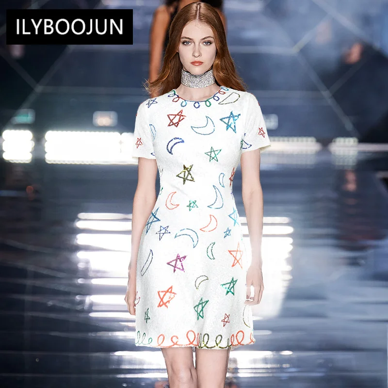 

Elegant Casual Women's Dresses 2022 Summer Runway Luxury Short Sleeve Luxury Star Moon Sequins Casual White Mini Dresses