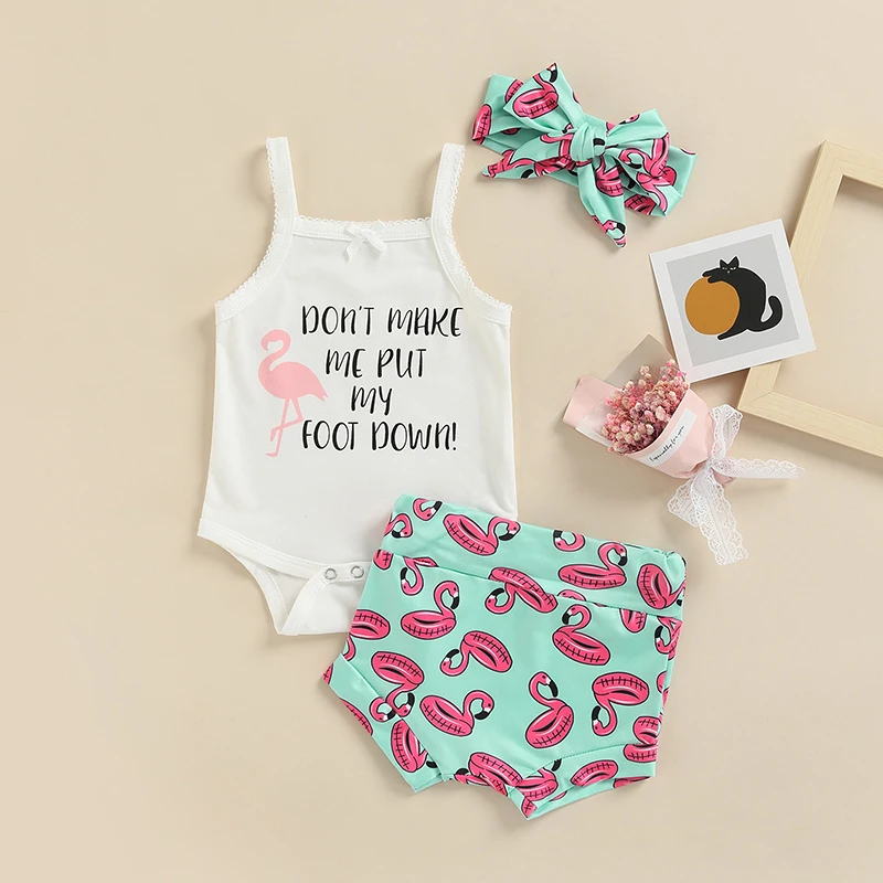 

Summer Baby Girl Strappy Rompers Toddler Letter Print Sleeveless Jumpsuit Flamingo Print Shorts Headband 3pcs Clothing