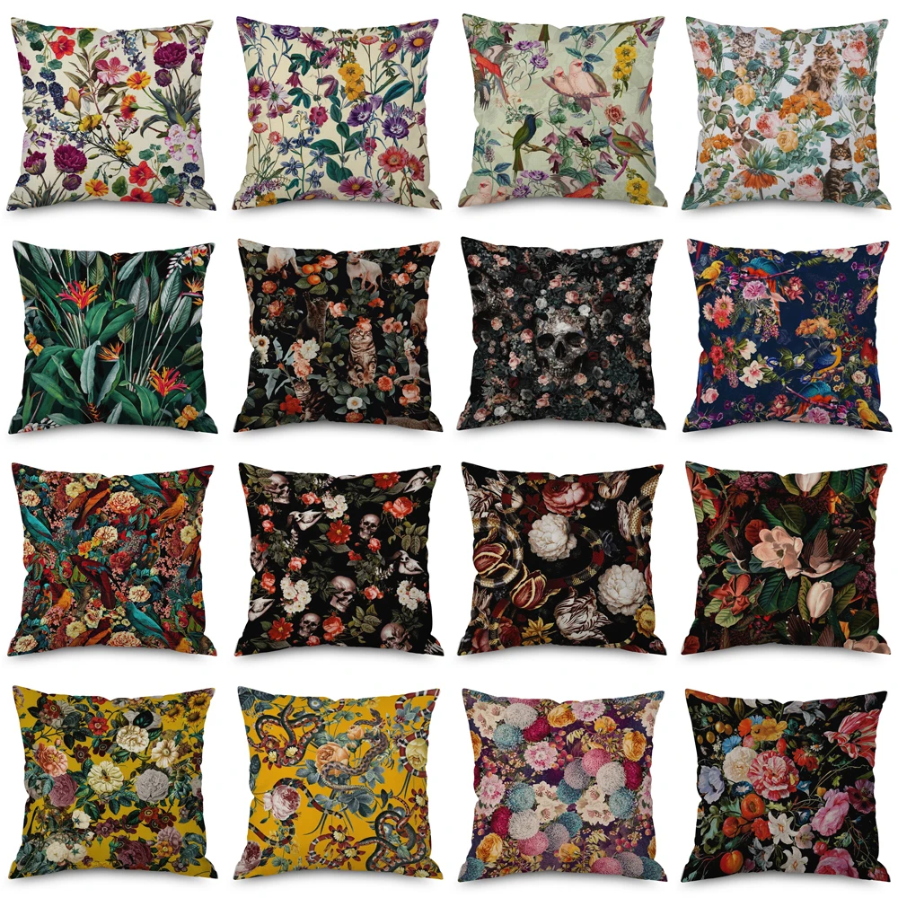 

Tropical Plants Flower Cushion Cover Skull Snake Bird Cat Print Office Sofa Pillow Case Home Decor Throw Pillow Cover 45x45cm