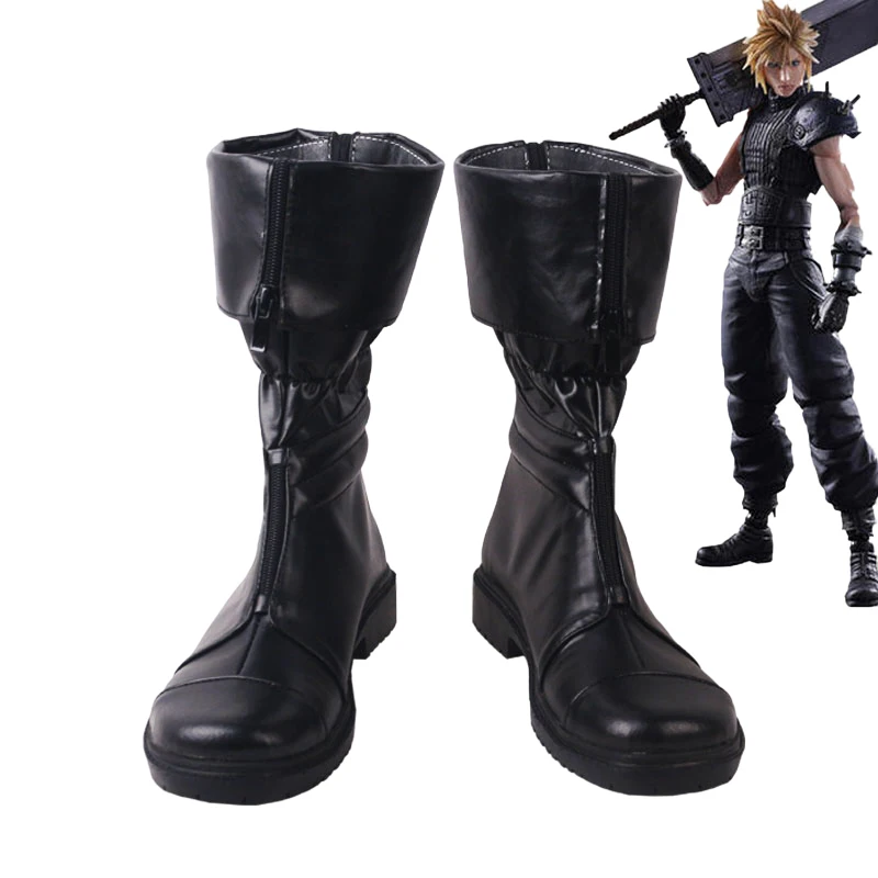 New Final Fantasy VII Remake Cosplay Shoes Cloud Strife Cosplay Boots PU Leather Black Size 35-48