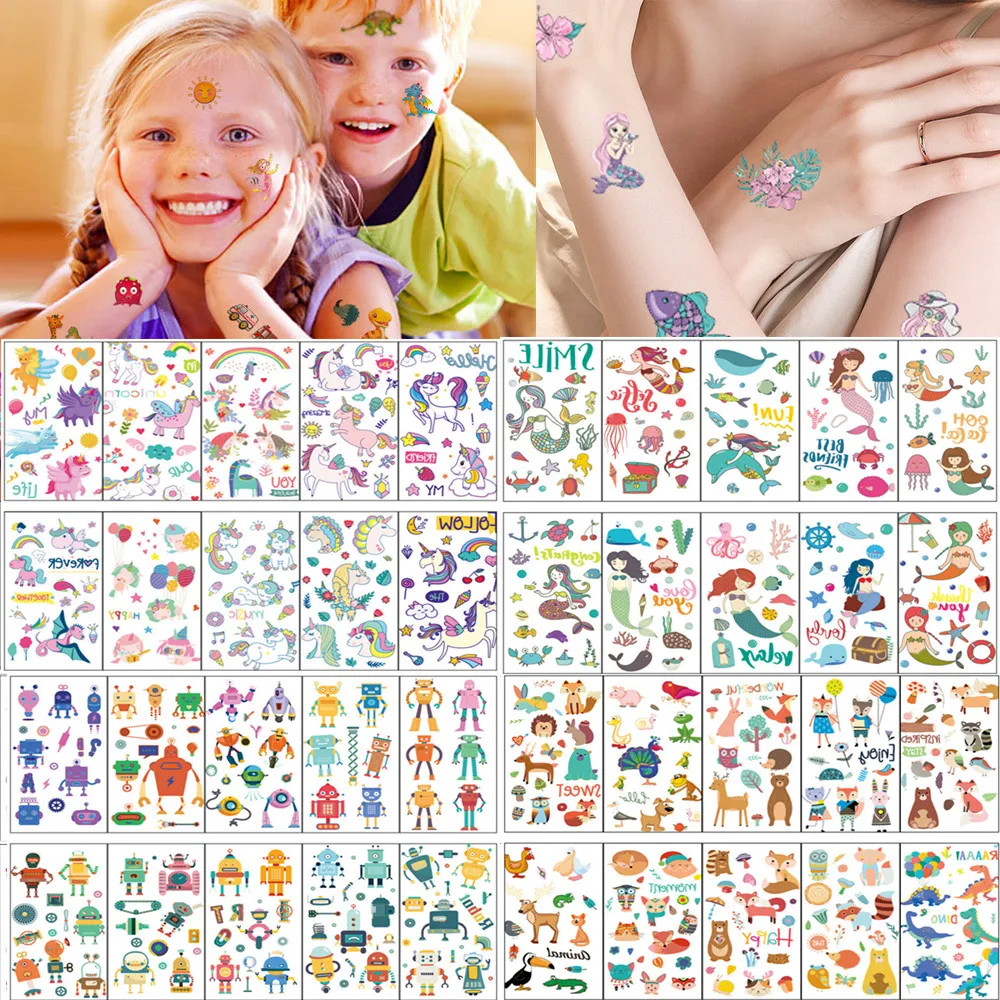 10pcs/set Cute Temporary Tattoos for kids Girls Boys Children Mermaid  Dinosaur Unicorn Fake Transfer Tattoos Calcamonias Ninos