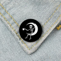 skull on the moon printed pin custom funny brooches shirt lapel bag cute badge cartoon cute jewelry gift for lover girl friends