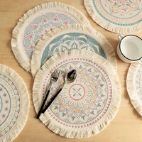 1pc round nordic style cotton woven geometry printing tassel table placemat insulation mat home kitchen decorative