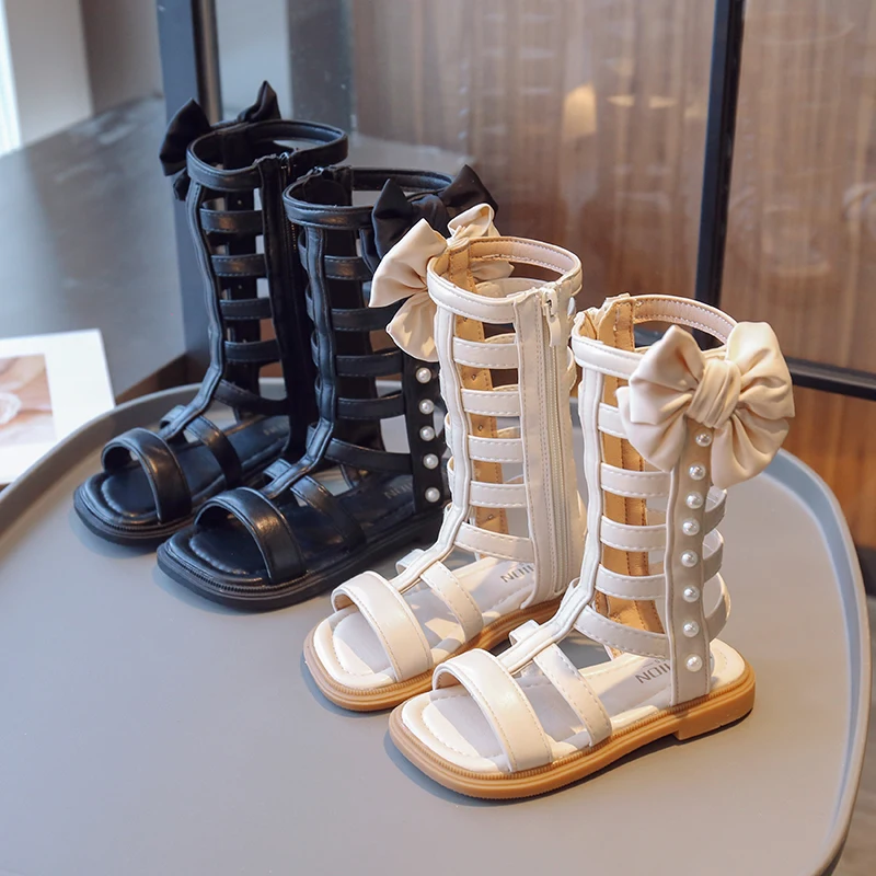 

2023 Summer Fashion Roman Boots High-top Girls Sandals Kids Gladiator Sandals Child Sandals Girls Kid Shoes with Pearls and Bow