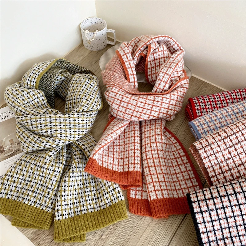 

Женский кашемировый шарф, длинная шаль в клетку, эластичная облегающая бандана, шарфы, Зимний вязаный клетчатый шарф, шейный платок из шерст...