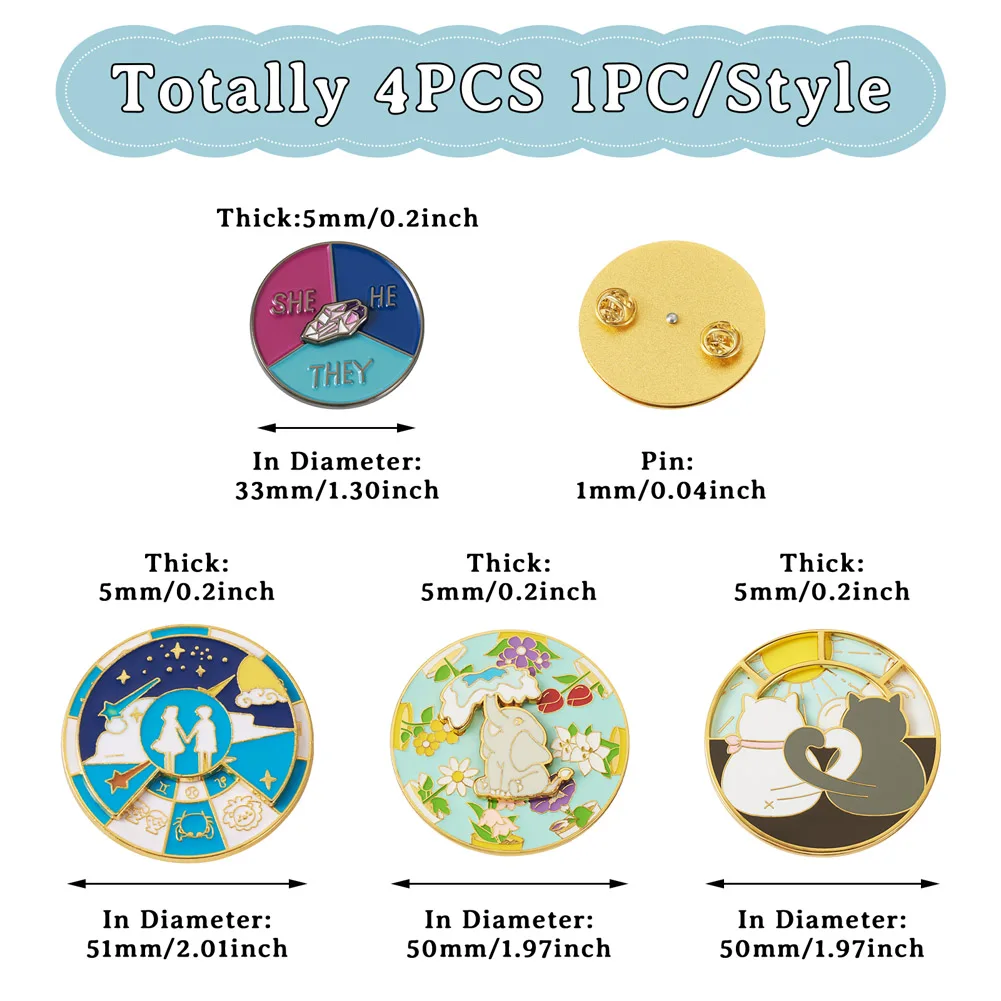 4pcs Rotating Enamel Brooch Pins Elephant Cat Kids Gold Plated Alloy Flat Round Badges for Backpack Clothes DIY Making Supplies