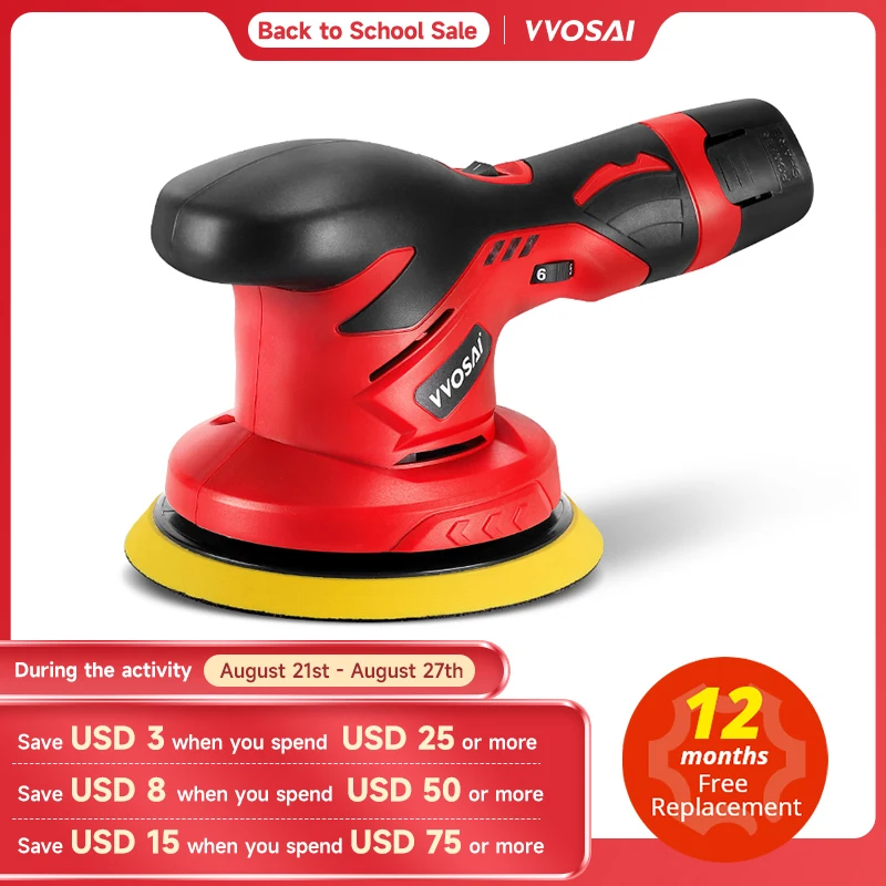 VVOSAI 12V Cordless Car Polisher 6 Speed Adjustment Electric Dual Action Wireless Car Polishing Machine and Waxing Power Tools