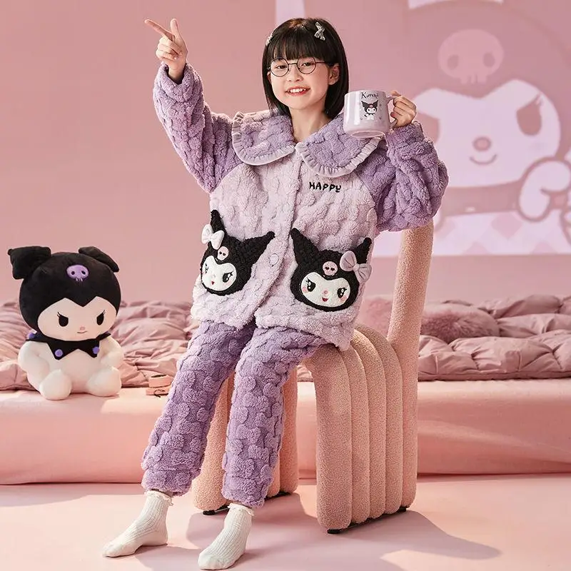 

Sanrio Kuromi Pajamas Girl Autumn and Winter Thicken Coral Fleece Keep Warm Parent-Child Clothing Plush Cartoon Comfortable Suit