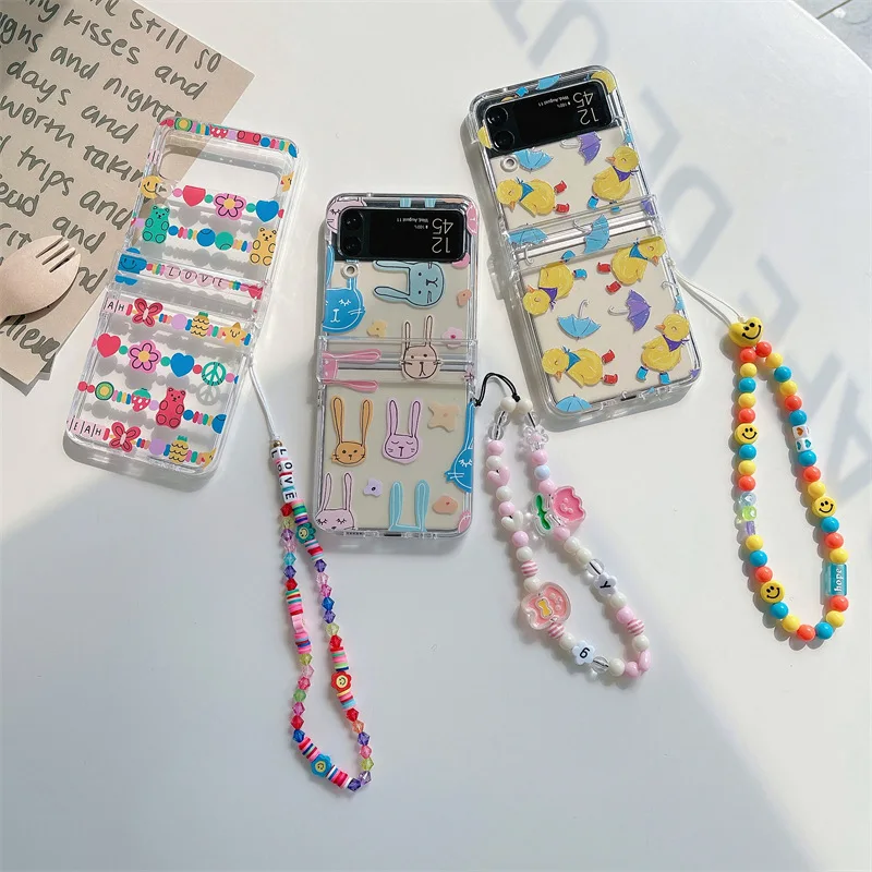 

Cartoon Animals Colorful Chains Phone Case for Samsung Galaxy Z Flip 3 Z Flip 4 Hard PC Back Cover for ZFlip3 ZFlip4 Case Shell