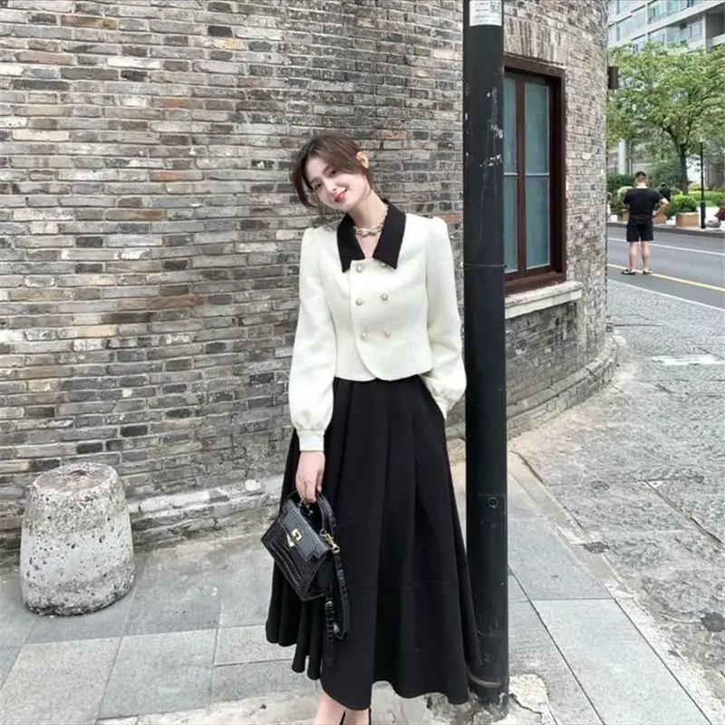 

Women 2022 Spring Autumn New Suits Female Double Breasted Lapel Jackets + High Waist Loose Skirts Ladies Two Piece Sets L70