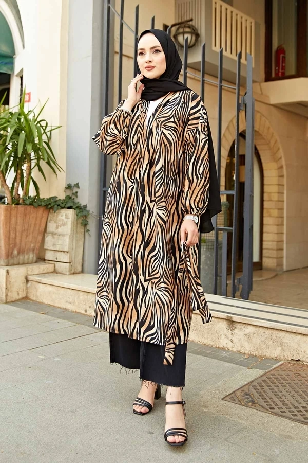 TUGBA Muslim Women Patterned Kimono Coffee Cardigan İslamic outfit for Muslim