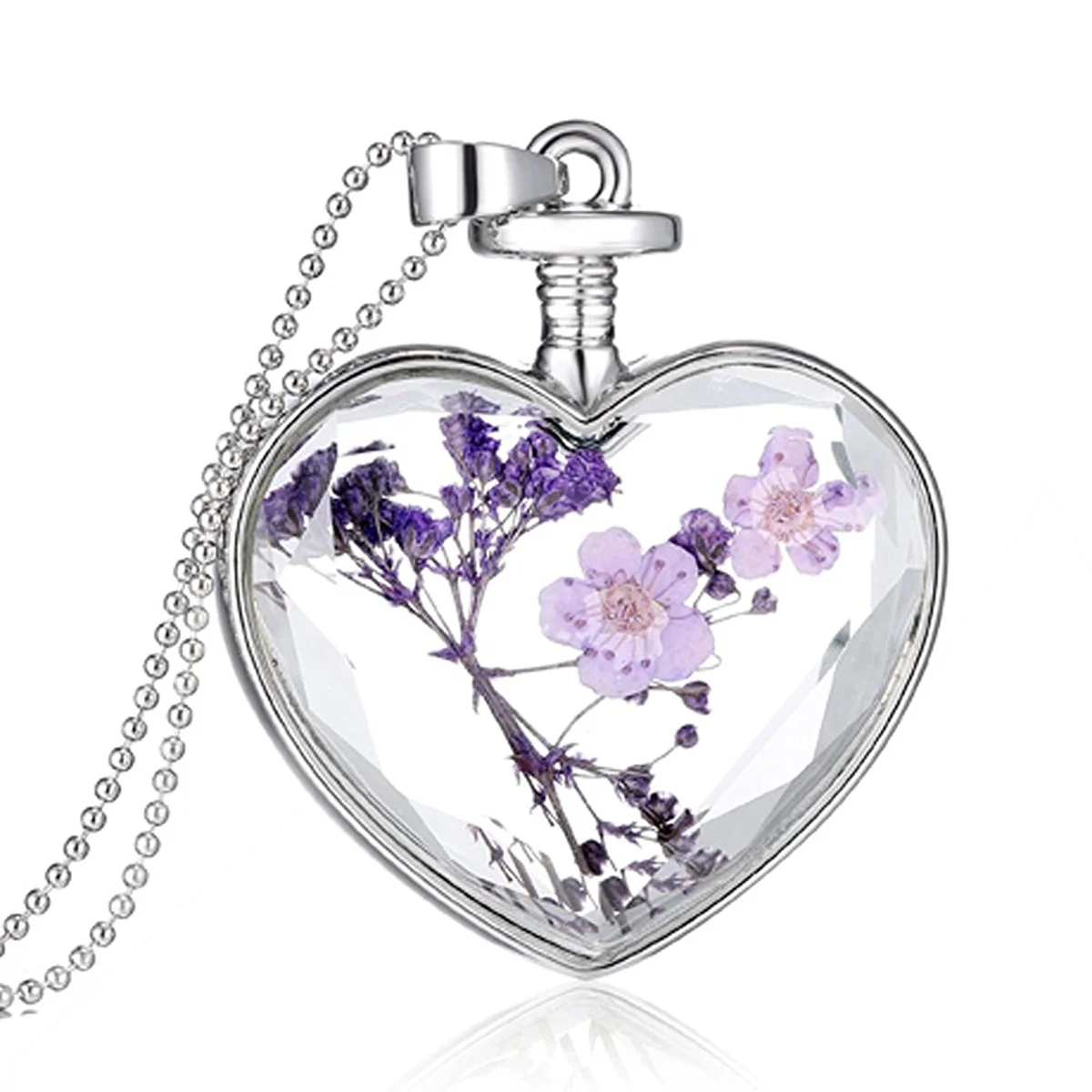 

Fashion Dry Flower Glass Heart Pendant Chain Necklace Gift (Silver)