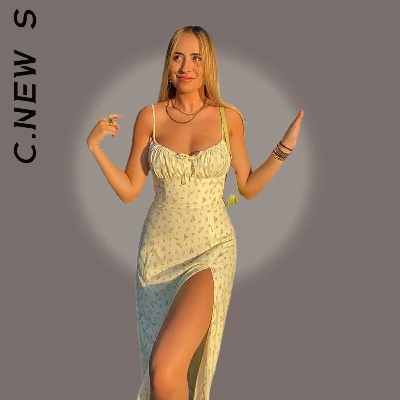 

C.New S Women Dress New French Slim Light Breathable Sleeveless Festival Dresses Temperament Vintage Dress Woman Female