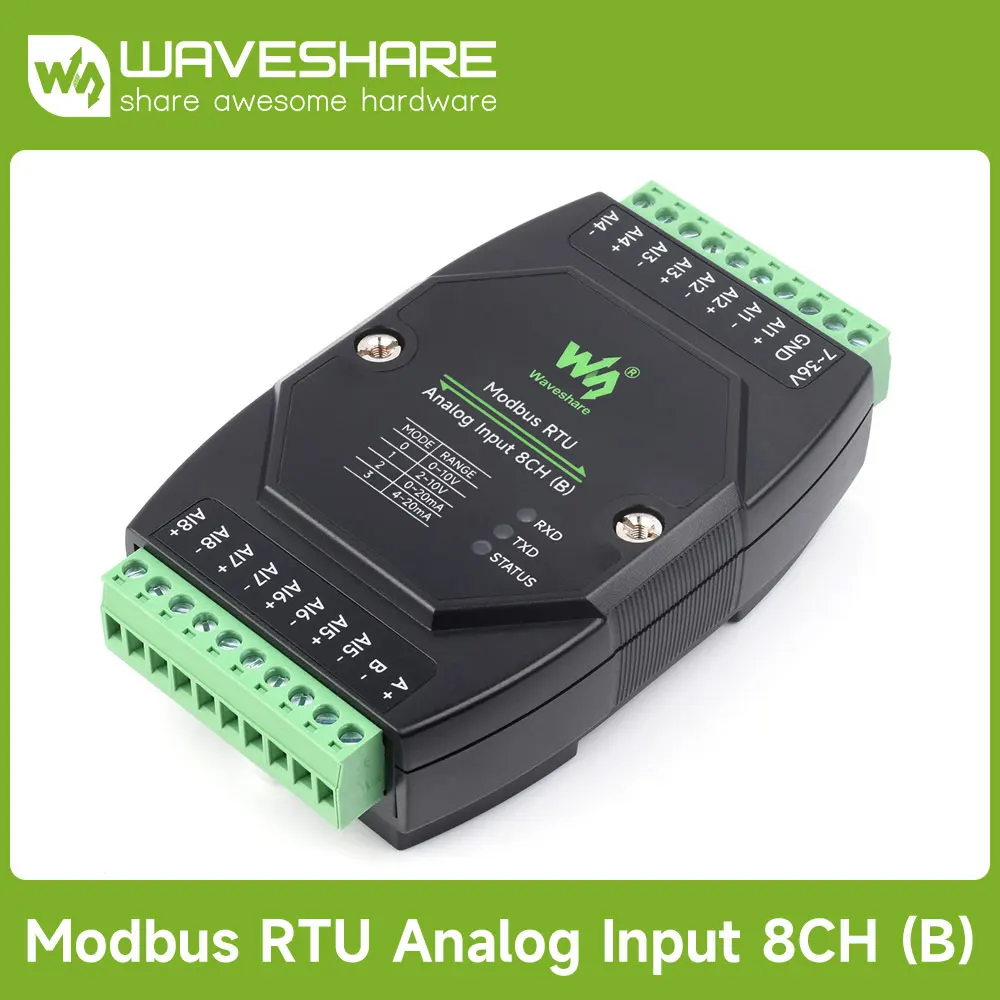 Фото Промышленный аналоговый вход Waveshare Modbus RTU, 8 каналов, Modbus RTU, 12-битный высокоточный, поддерживает сбор напряжения и тока №2