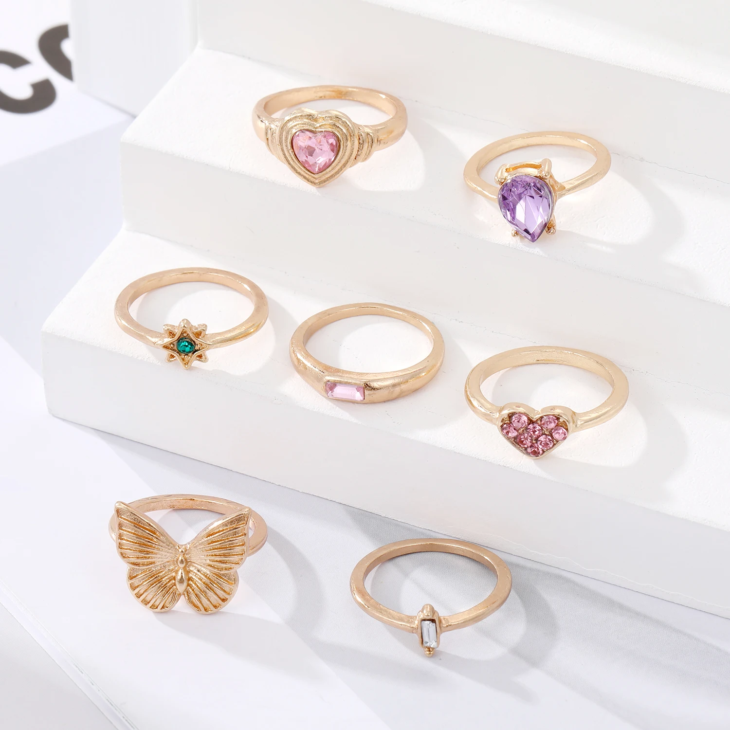 

FAMSHIN Gold Color Purple Heart Crystal Rings Set For Women Geometric Butterfly Finger Rings Women's 2022 Trendy Jewelry Gift