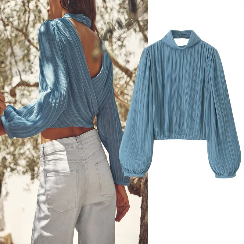 

TRAF Open Back Pleated Top For Woman 2023 Blue High Collar Crop Blouses Fashion Long Puff Sleeve Cut Out Tops Female Elegant Top