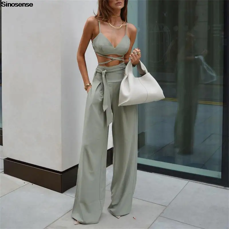 

Sexy 2 Two Piece Set Women Strap Camis Tops+Bandage High Wasit Wide Leg Pants Matching Suits Elegant Club 2022 Summer Outfits