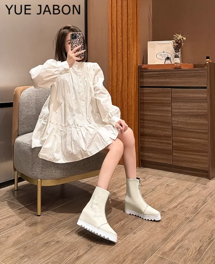 Белые осенние кроссовки на высокой платформе женские ботильоны толстой подошве