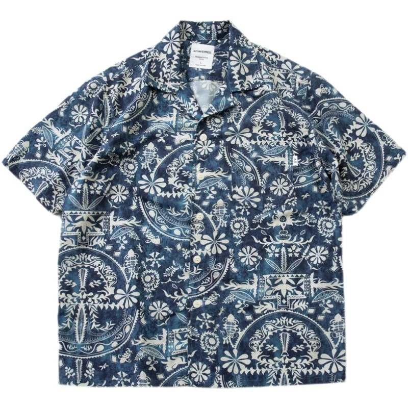 Japanese Loose Style Turndown Collar Short Sleeve Blue Floral Shirt Youth Casual Light Skin Summer Shirt Jacket Men