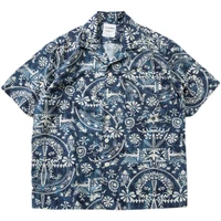 japanese loose style turndown collar short sleeve blue floral shirt youth casual light skin summer shirt jacket men
