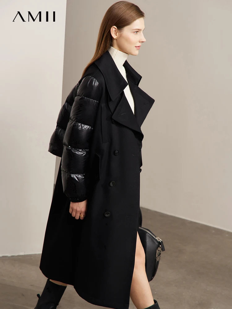 AMII Minimalism Down Jacket Women 2022 Winter New Warm Fashion Commuter Solid  Double-breasted Splicing Design Coats 12270525