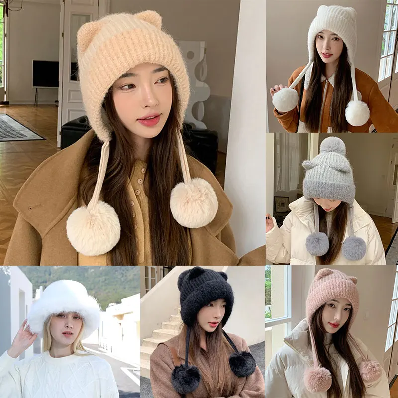 

2022 New Beanie Hat Wool Hat Ear Protection Warm Women's Winter Wool Ball Pullover Hat Stereoscopic Cat Ear Knitted Hat