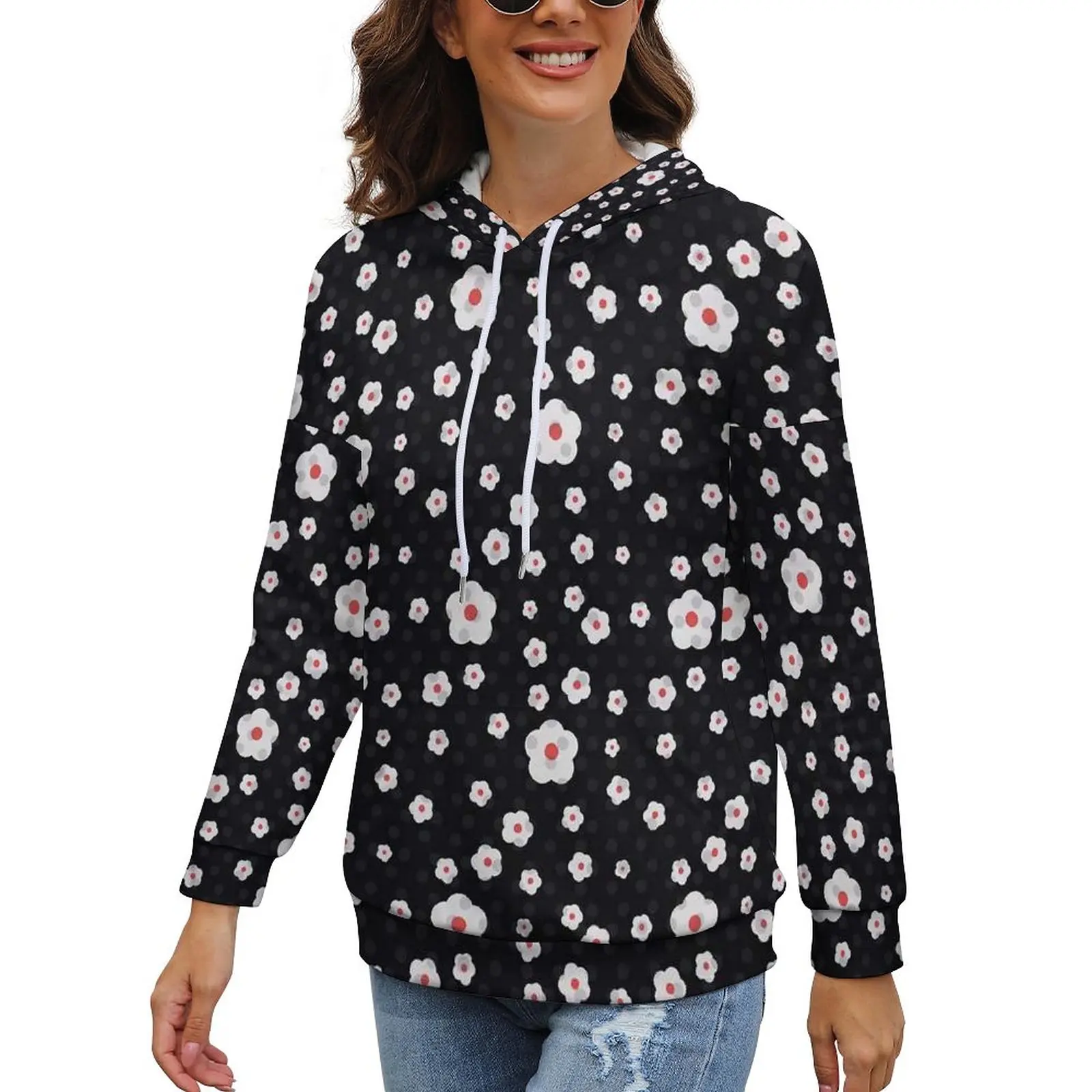 

Cute Flower Print Hoodies Pretty White Floral Elegant Pullover Hoodie Lady Long-Sleeve Oversize Classic Print Hooded Sweatshirts