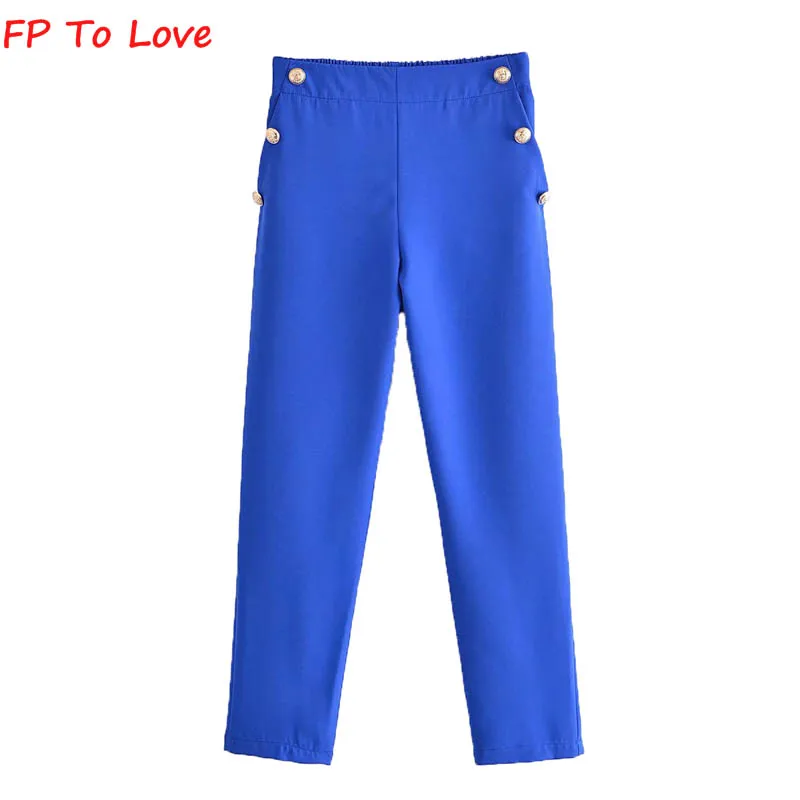 

Fp To Love French Women's 2022 Fashion Summer Royal Blue High Waist Casual Straight Pants Double Breasted Cropped Pants
