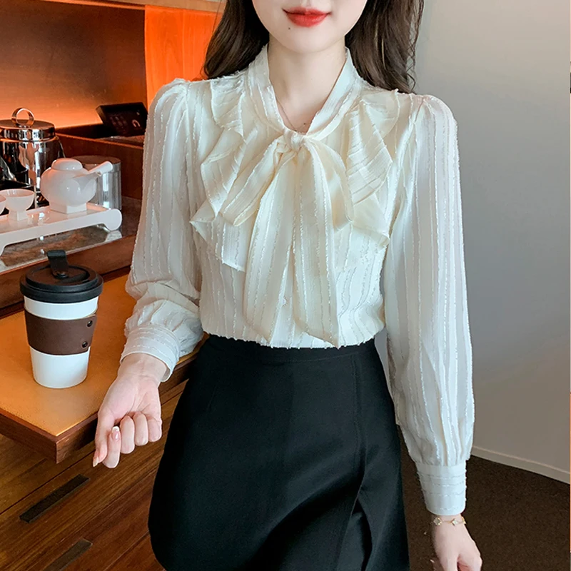 

Элегантная шифоновая блузка абрикосового цвета с бантом и V-образным вырезом, модная офисная женская рубашка с длинным рукавом, Весенняя женская одежда 2023, 24686