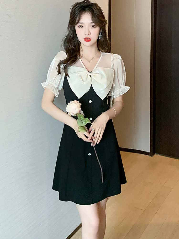 2023 Black Patchwork Mesh Puff Sleeve Bow Mini Dress Women Chic Elegant Casual Dress Summer Korean Vintage Hepburn Party Dresses