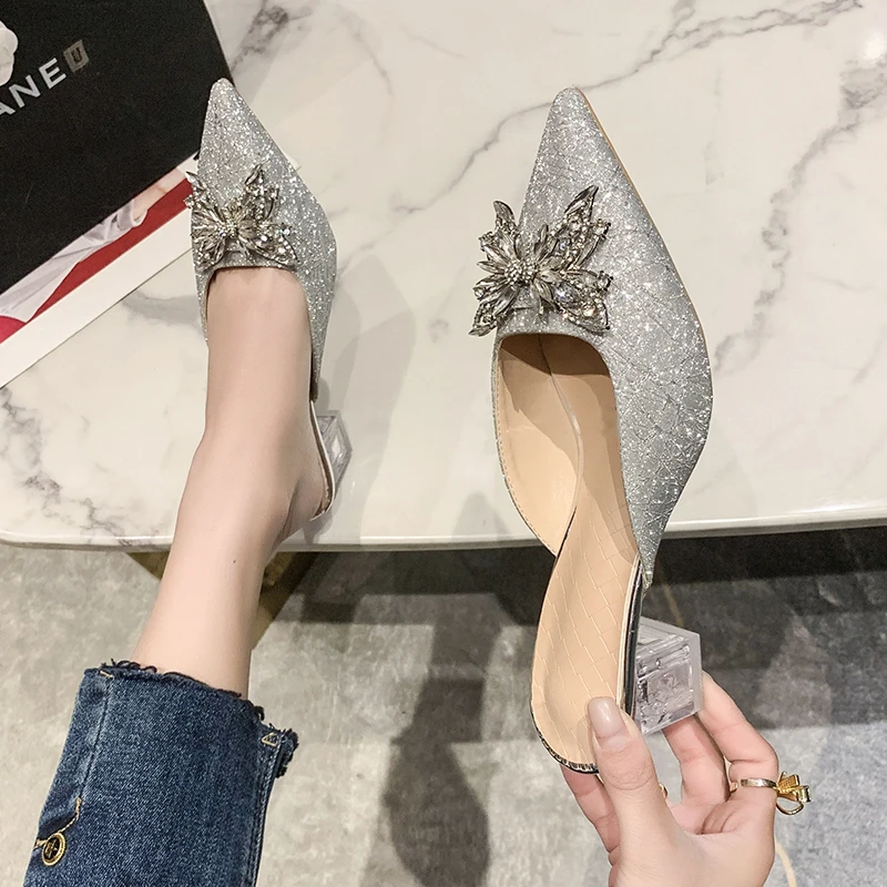 

Women's shoes Baotou 2023 summer New style rhinestone bow thick heel sandals pointy fashion crystal high heels shiny slippers
