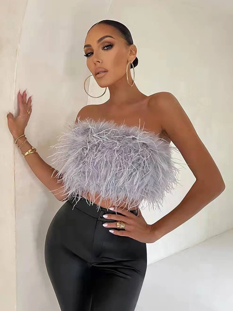 Топ женский с перьями пикантный укороченный корсет майка открытой спиной жилет