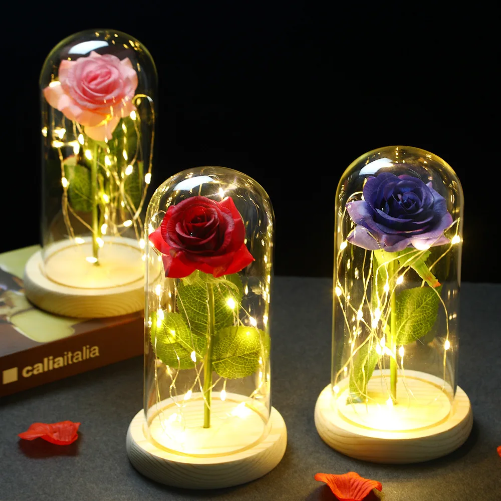 

New Flashing colorful LED night with Black Base Galaxy Rose In Flask Flower In Glass Dome For Valentine'S Day Gift Wedding Decor