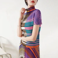 miyake pleated t shirt womens clothing 2022 summer new design style stripe half turtleneck short sleeve printed top harajuku
