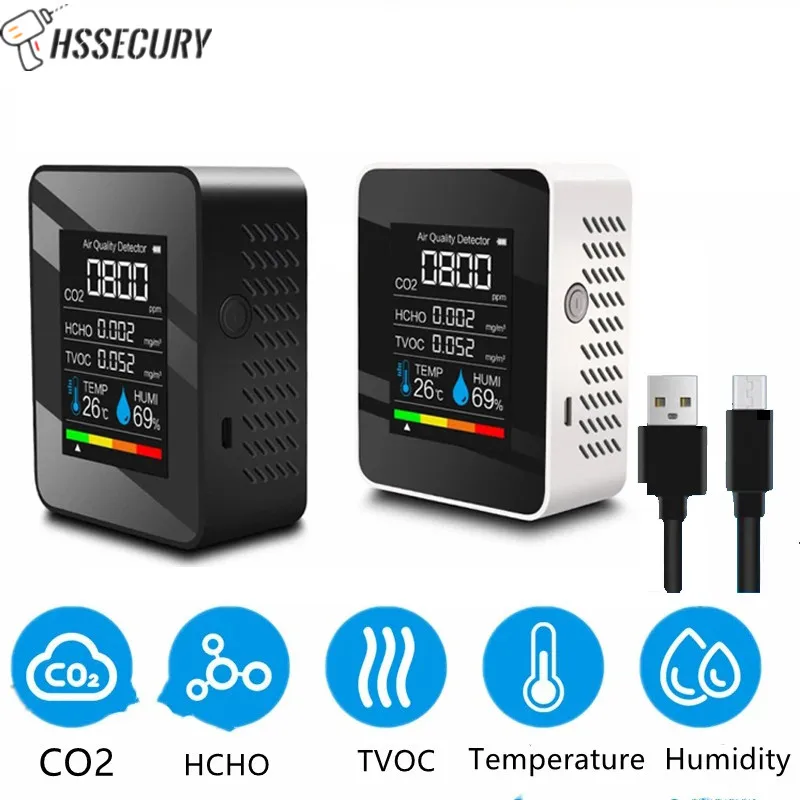 

5 In 1 CO2 Digital Meter Air Quality Detector Tester Digital Air Pollution TVOC HCHO Multifunctional Temperature Humidity Sensor