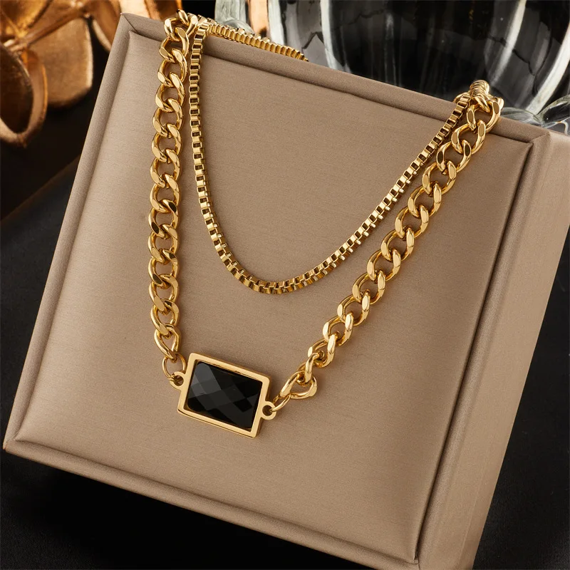 

Women Double Layer Light luxury Stainless Steel Rectangular Retro Black Zircon Necklace Cuban Choker Chain Girls Party Jewelry