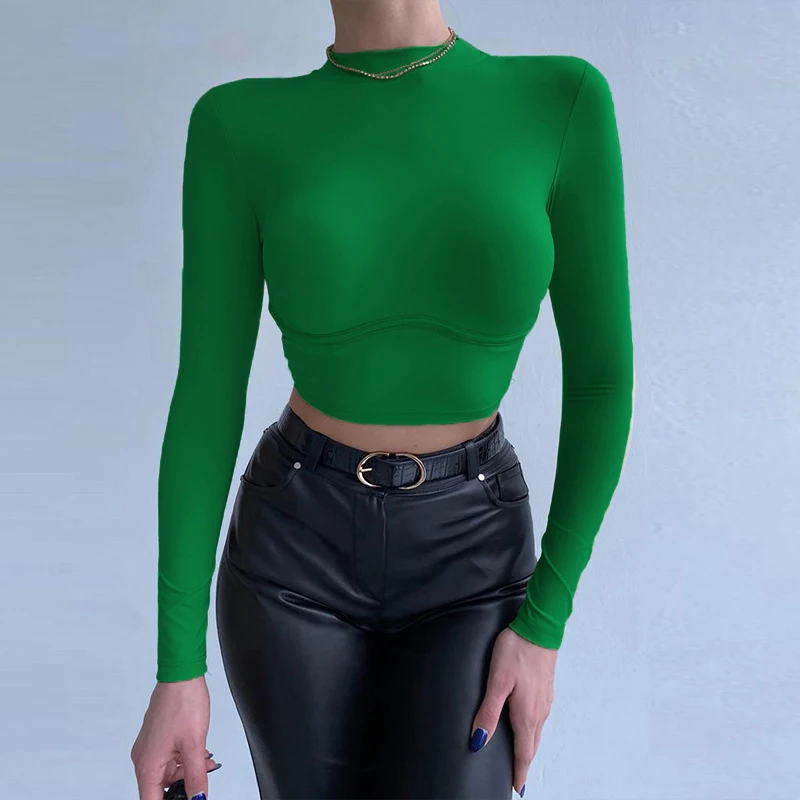 

Women Sexy Bodycon T Shirt Crop Top Elegant Stand Collar Slim Long Sleeve T-Shirt 2022 New Spring Summer Basic Casual T-Shirts