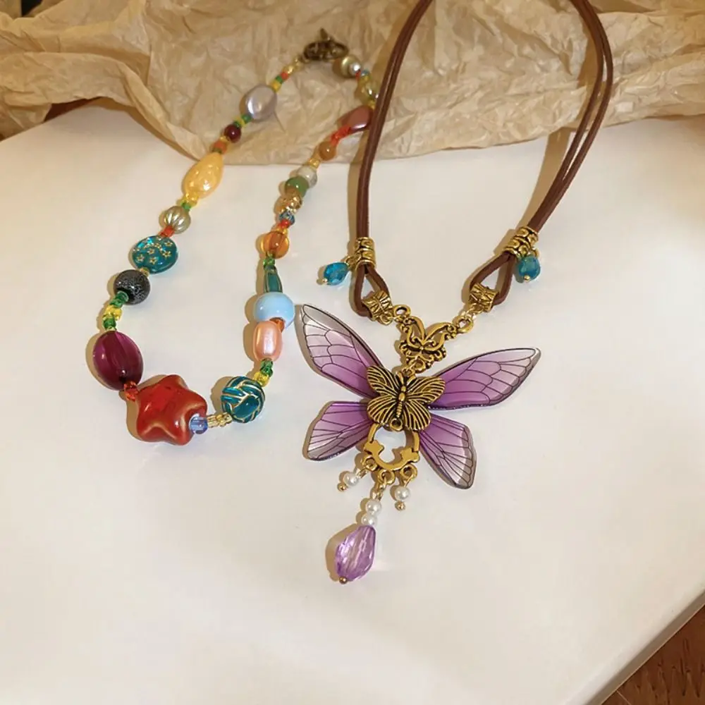 Fashion Butterfly Y2K Naszyjnik z dopaminą Słodki kolorowy koralik Łańcuch obojczykowy Koreański styl choker Codzienny