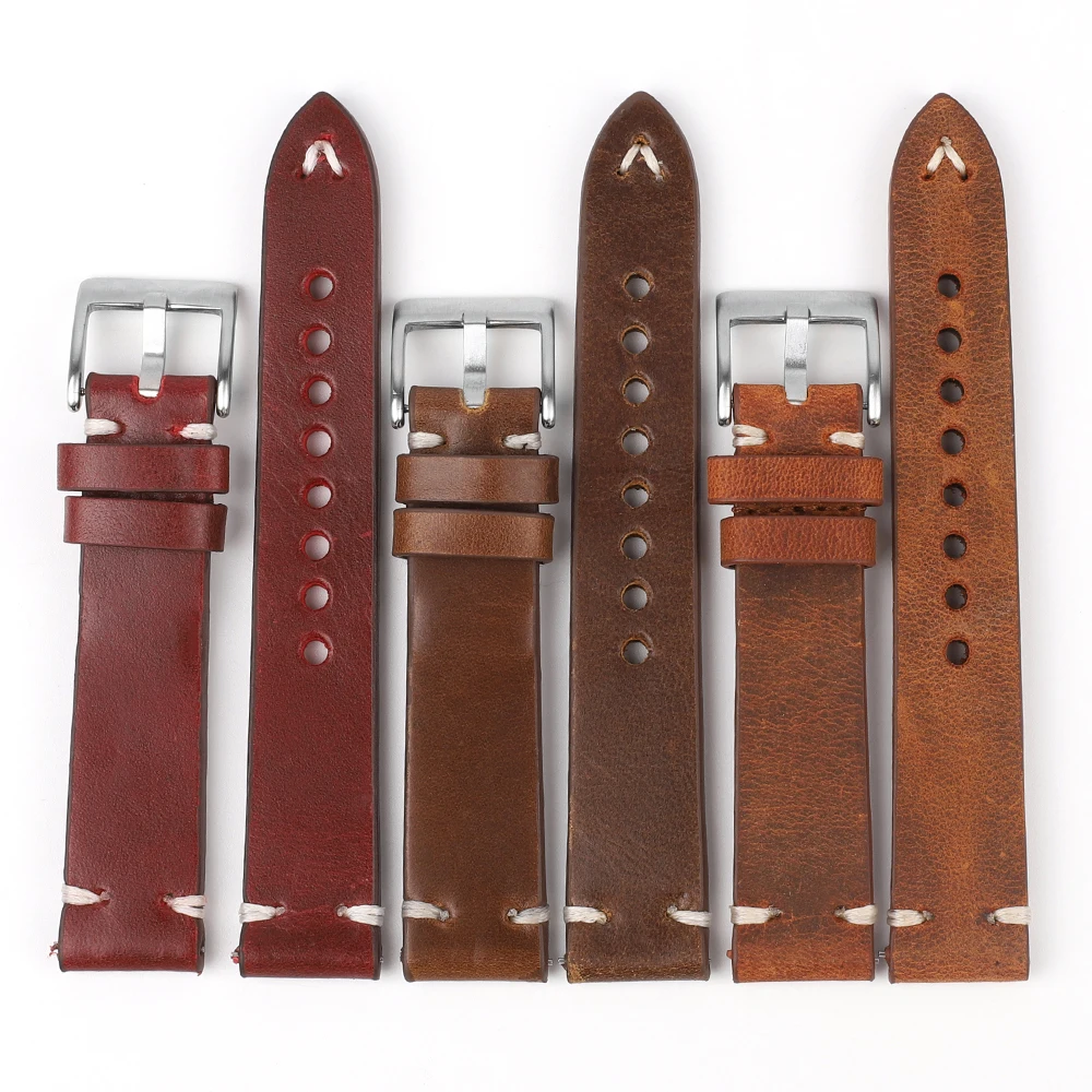 

Genuine Leather Watchband 19mm 20mm 22mm 24mm Wine Red Brown Coffee Handmade Stitching for Men Watch Strap Replacement