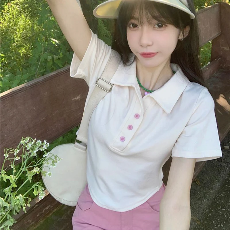 

Rimocy Preppy Style Short Sleeve T-Shirt Women 2023 Summer Turn Down Collar Cute Crop Top Woman All Match Solid Buttons T-Shirt