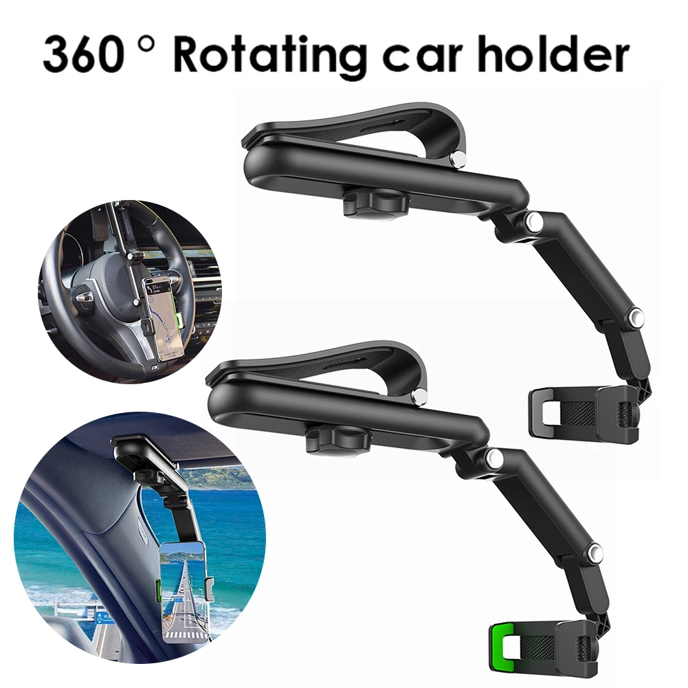 

1080° Sun Visor Car Phone Holder Multi Functional Phone Holder Adjustable Arm Cradles Cell Phone Stand Spring Clip For 4-7.2 In