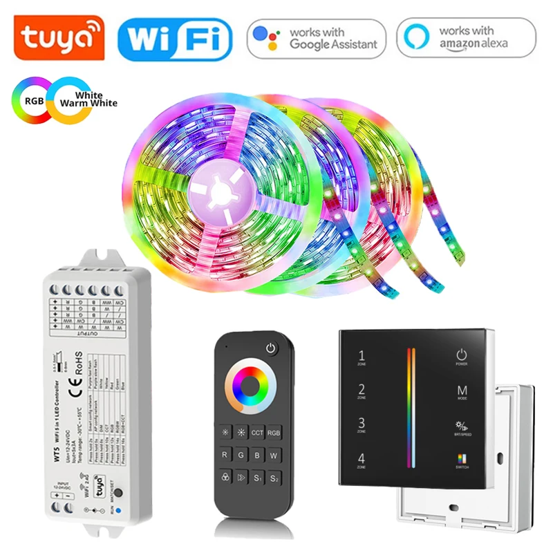 

Умный Wi-Fi контроллер для светодиодных лент Tuya, 12 В/24 В постоянного тока, 5050 RGBCCT, сенсорный настенный выключатель, пульт дистанционного управления для Alexa Google