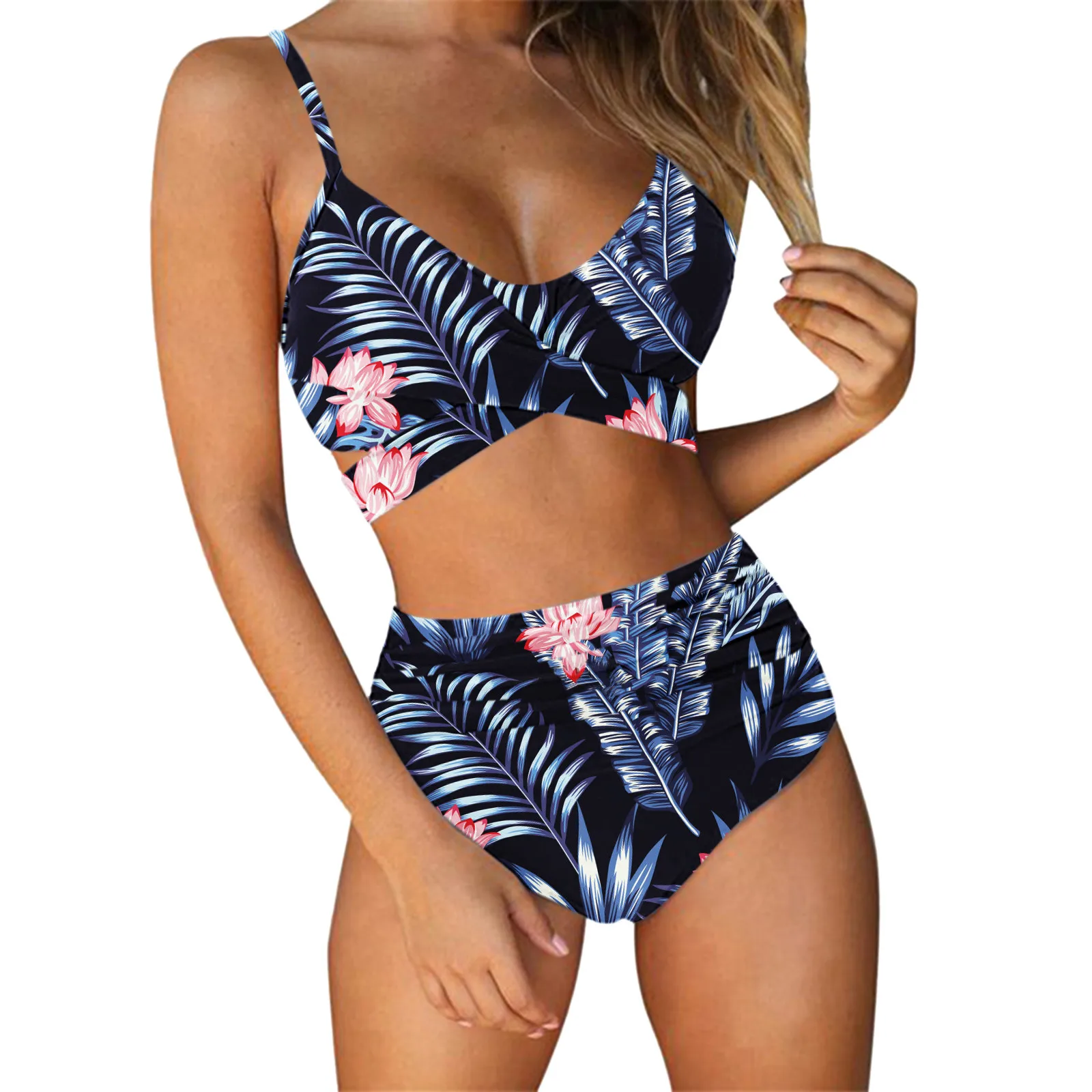 

Купальник женский летний из 2 предметов, купальный костюм с завышенной талией и цветочным принтом, пляжная одежда для отдыха