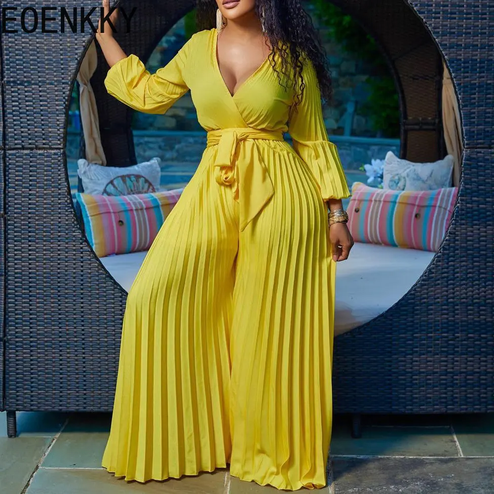 EOENKKY Plus Size Wholesale Women Jumpsuit Autumn V Neck 1- Piece Dropshiping Outfit Casual Lady Ruffle Tracksuit Sexy Club