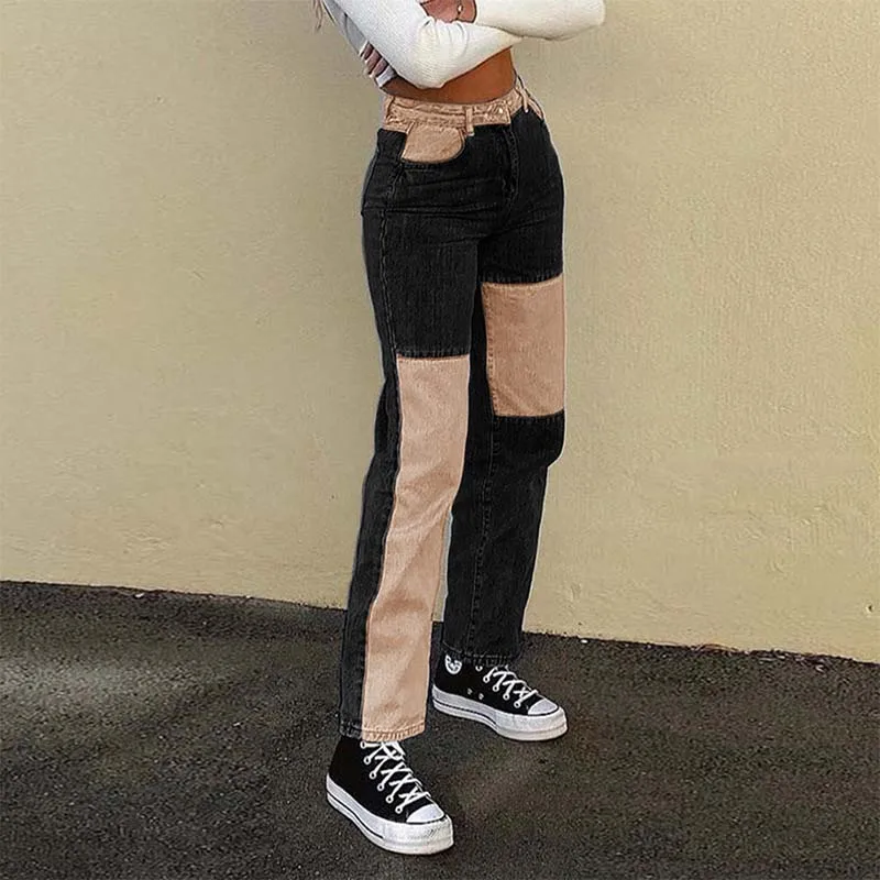 Baggy Black Patchwork Woman Jeans Mom Pants Vintage High Waist Boyfriend Girls Trousers 90s Streetwear Y2K Female Straight Pants