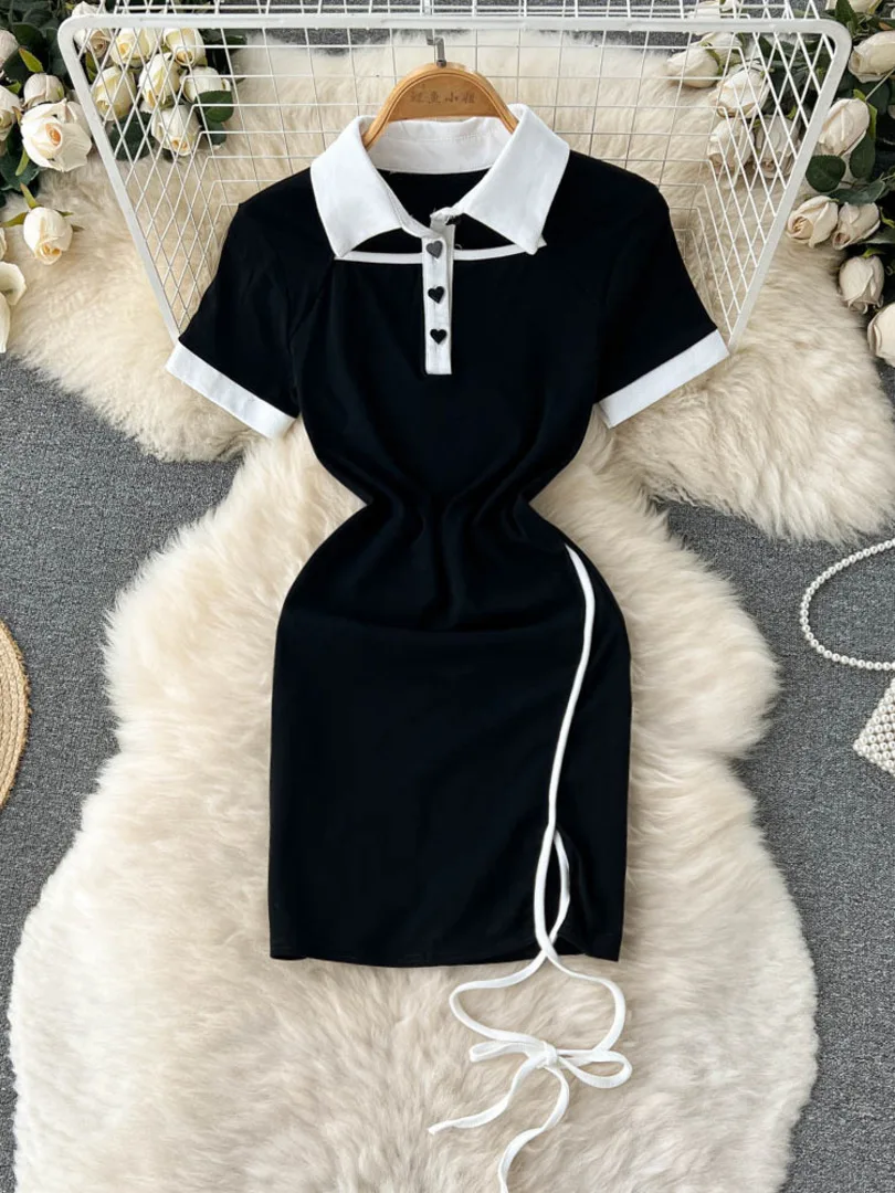 

Foamlina Women Short Sleeved T-shirt Dress 2022 Color Match Polo Collar Short Sleeve Slim Bodycon Mini Dress Casual Streetwear