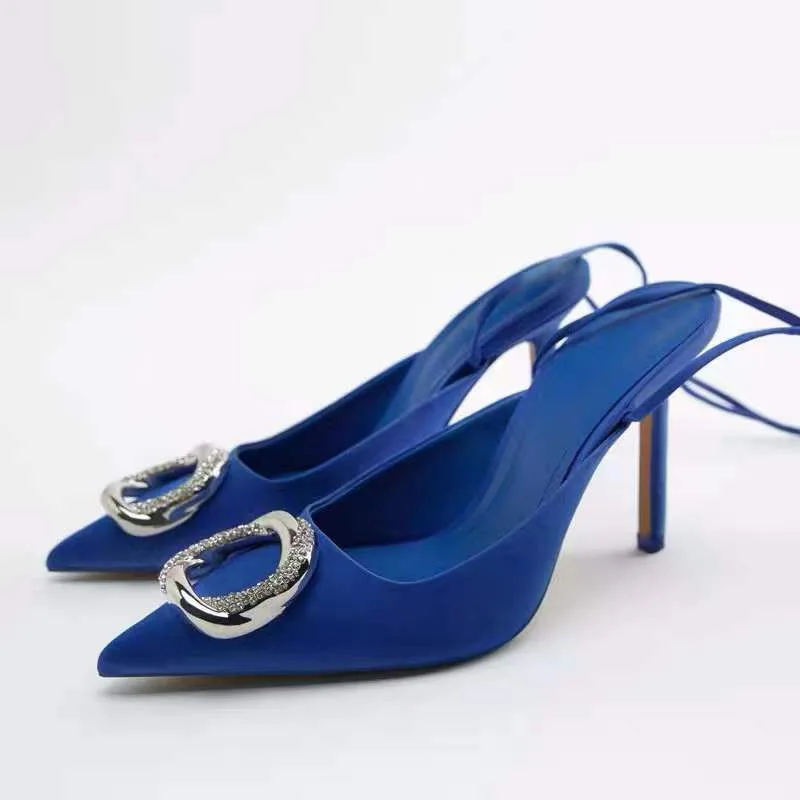 

ZRACK 2022 Summer Women T-strap Elegant Blue Satin Finish Stilettos Sandals Fashion Office Lady High Heels Sexy Pumps Plus Size