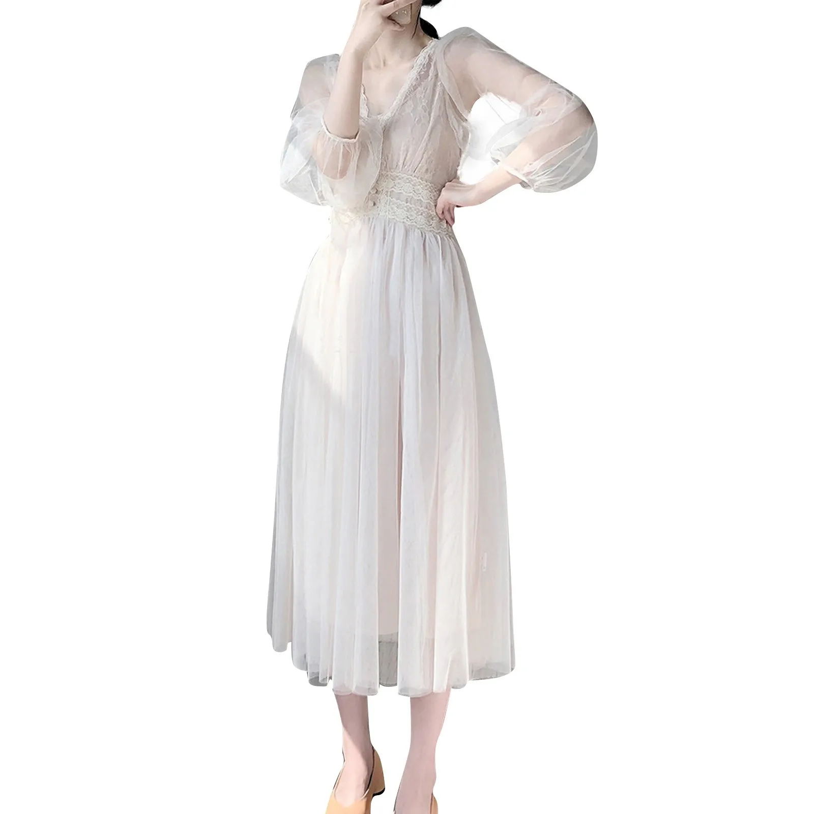 

Women'S Dress Solid Color Summer Sexy French Mesh Long Dress Sen Long Dress Women Evening Dress Formal Occasion Dresses Vestidos